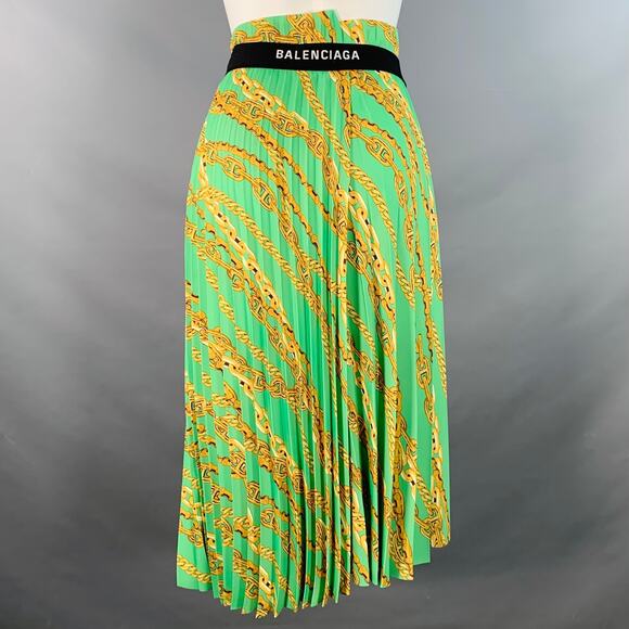 BALENCIAGA Size 6 Green Gold Polyester Chain Pleated Midi Skirt - Picture 2 of 5
